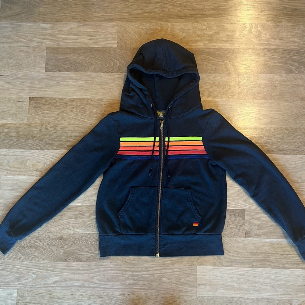 Aviator Nation 5 stripe neon rainbow hoodie/ navy 
Unisex size XS